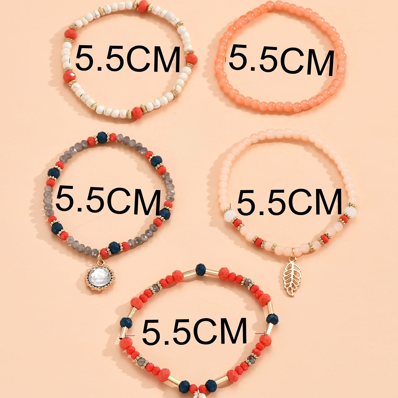 Juego de 5 pulseras de cuentas de arroz color turquesa hoja al por mayor